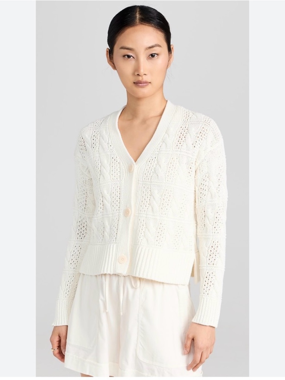 Madewell White Open Cable Stitch Button Front V Neck Cardigan Sweater